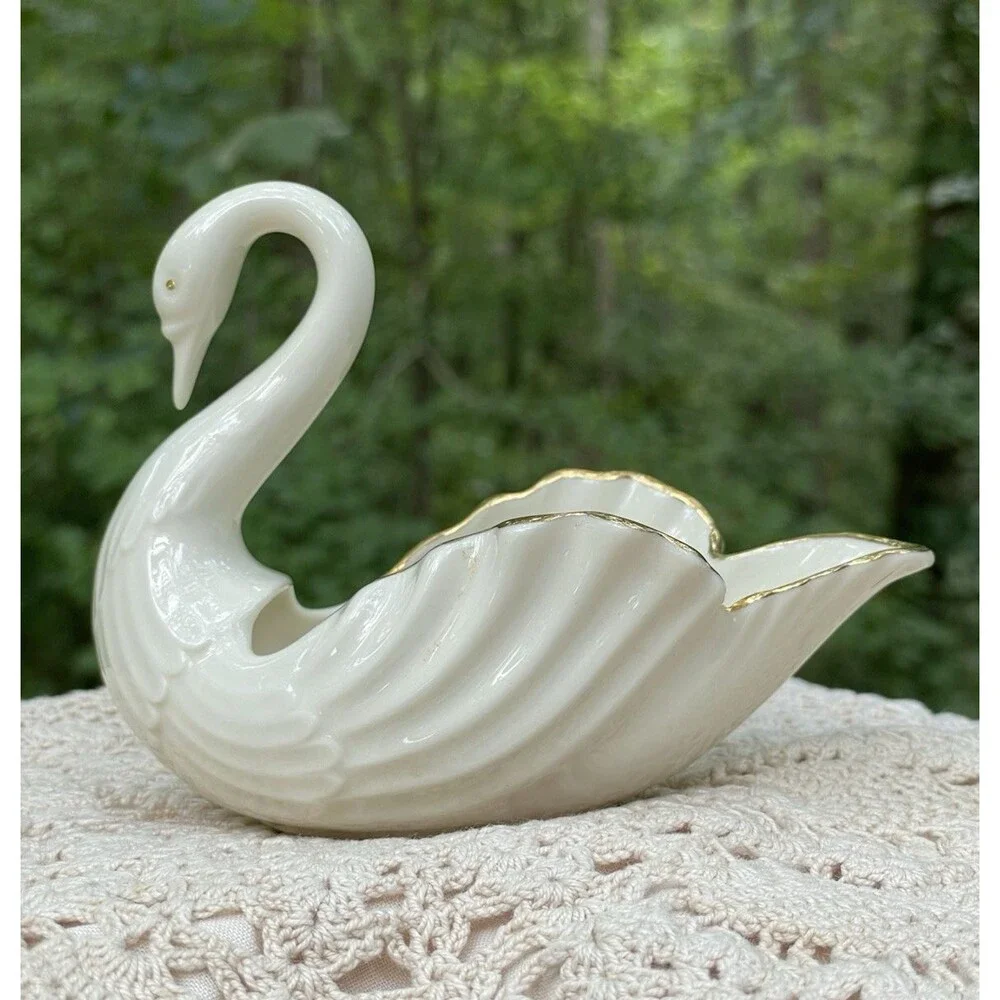 RARE Vtg Lenox 120th Anniversary Swan Trinket Dish 24K Gold trim USA Porcelain
